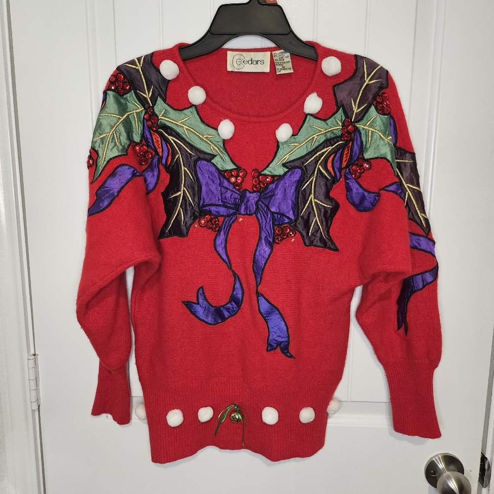 RARE VINTAGE Ugly Christmas CEDARS RABIT/Lambs Wool  FUR SWEATSHIRT Size M